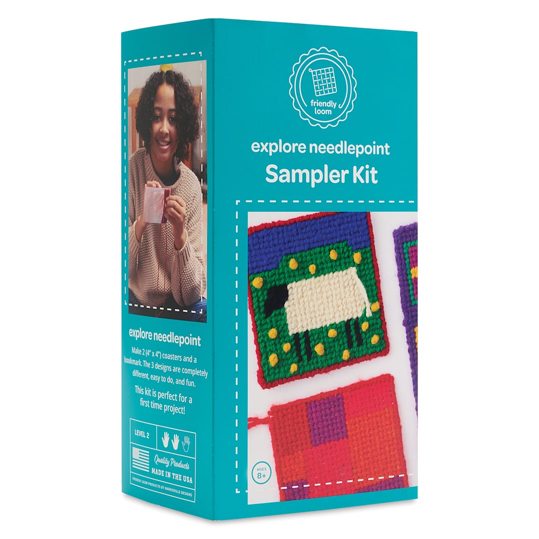 Open in modal - Friendly Loom Needlepoint Coaster and Bookmark Sampler Kit front of packaging