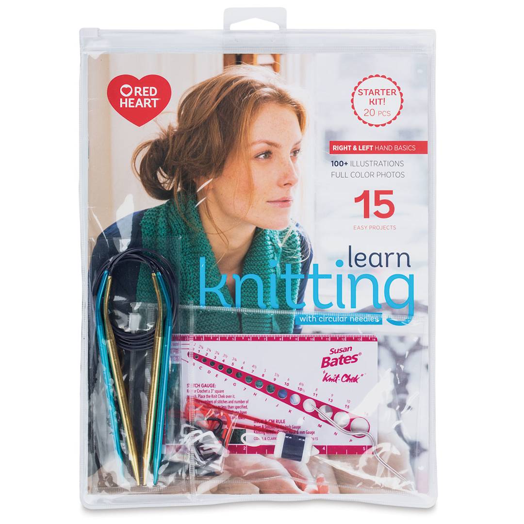 Open in modal - Red Heart Learn to Knit with Circular Needles Kit - Front of clear Package