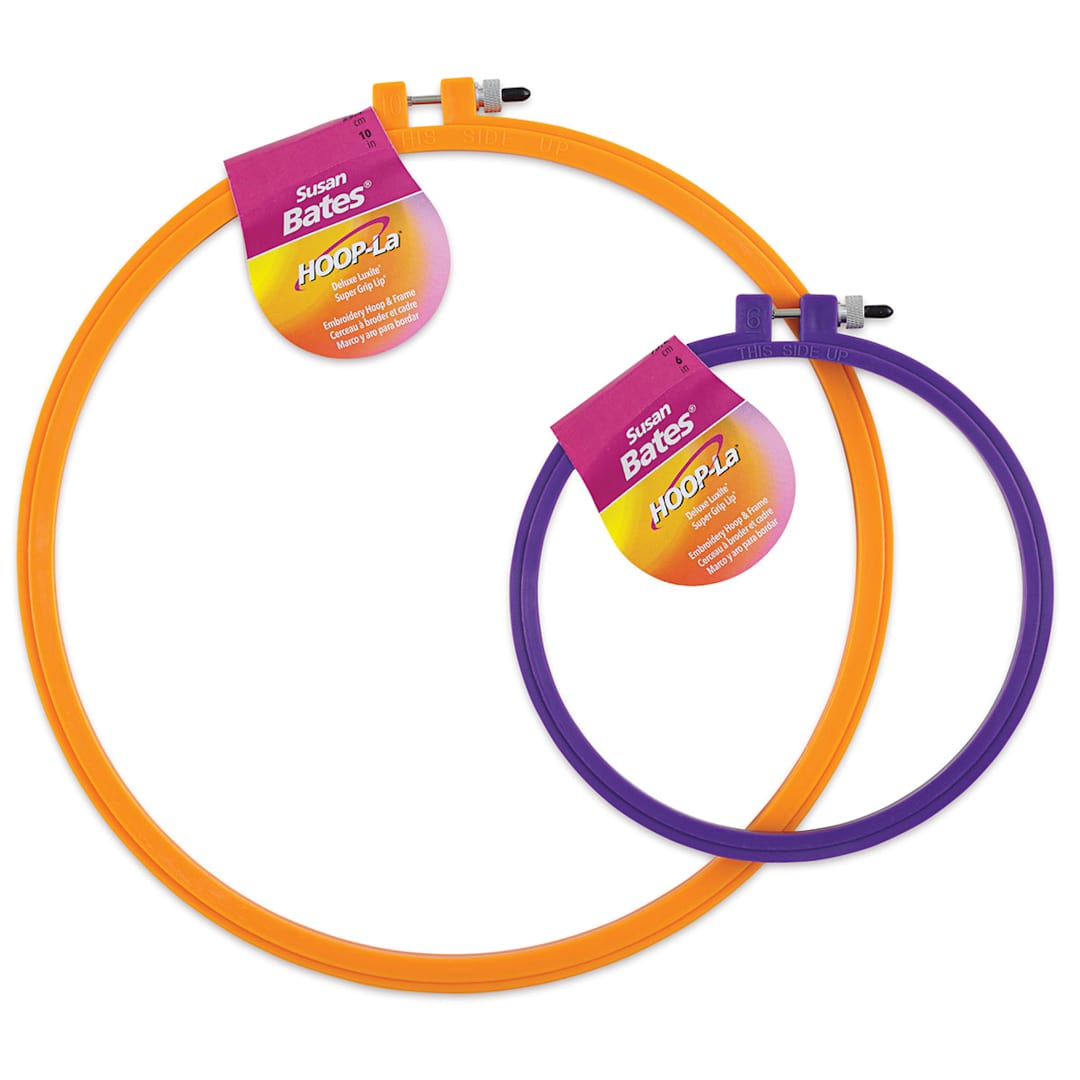 Open in modal - Susan Bates Hoop-La Embroidery Hoops (10" Orange and 6" Purple hoops shown.)