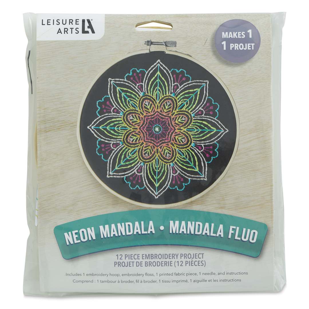 Open in modal - Leisure Arts Embroidery Kit - Neon Mandala, 6", front of the packaging