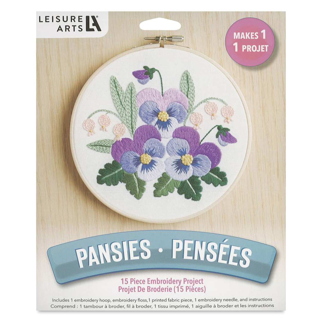 Open in modal - Leisure Arts Embroidery Kit - Pansies, 6", front of the packaging