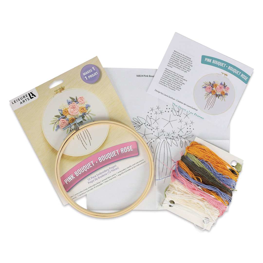 Open in modal - Leisure Arts Embroidery Kit - Pink Bouquet, 6", contents laid out