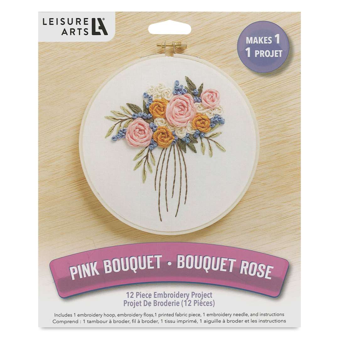 Open in modal - Leisure Arts Embroidery Kit - Pink Bouquet, 6", front of the packaging