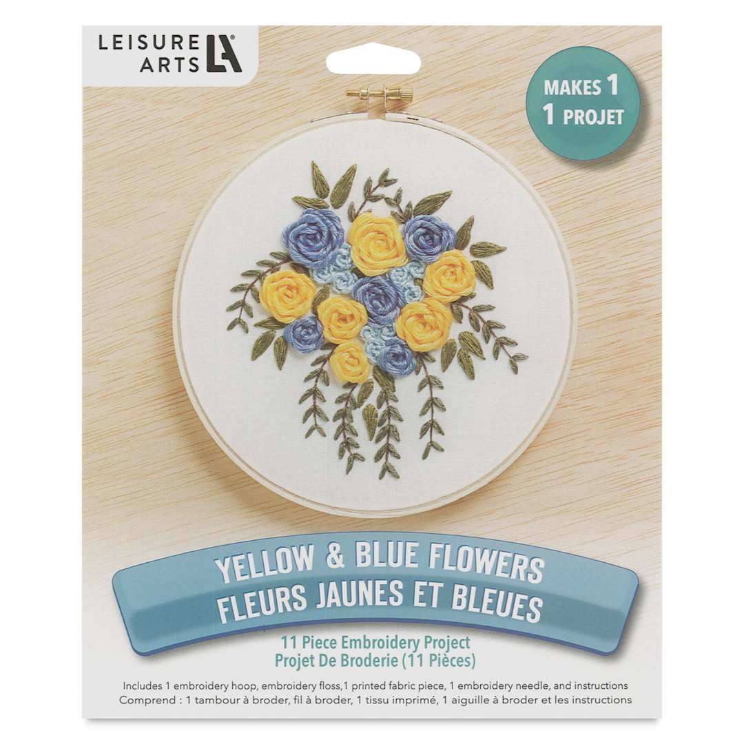 Open in modal - Leisure Arts Embroidery Kit - Yellow and Blue Flowers, 6", front of the packaging
