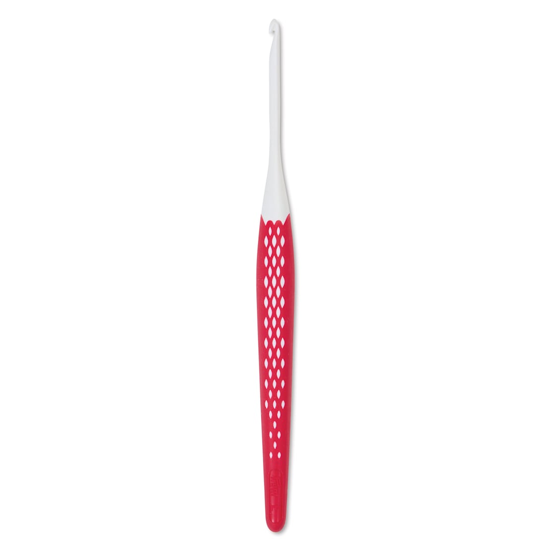 Open in modal - Prym Ergonomics Crochet Hook - E, hook in upright position outside of the packaging