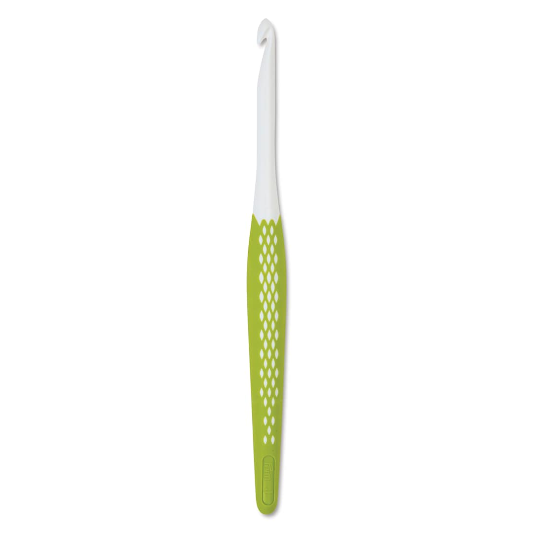 Open in modal - Prym Ergonomics Crochet Hook - J, hook in upright position outside of the packaging