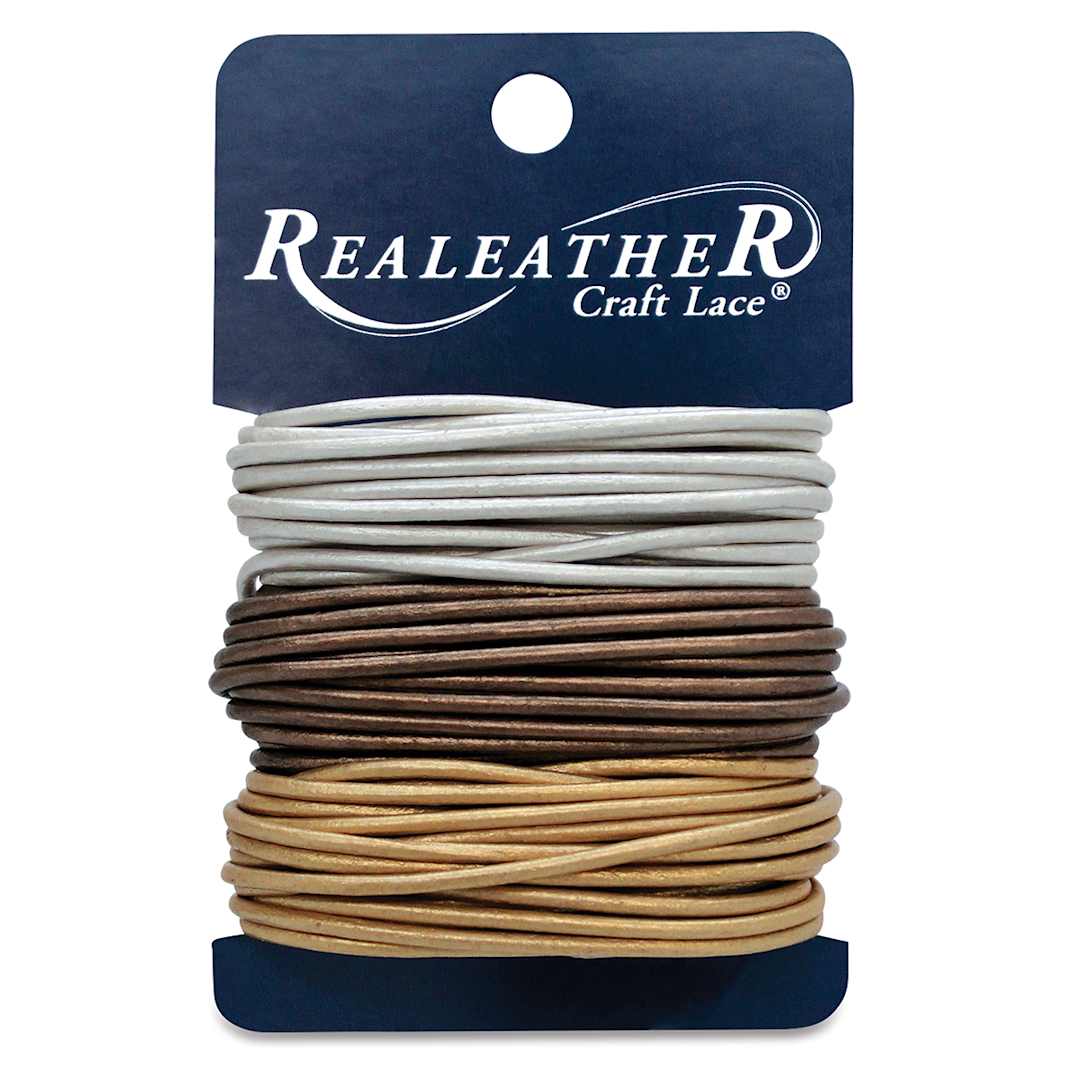 Open in modal - Realeather Round Leather Lace - Loop of Gold, Silver, and Copper cords on hang tag