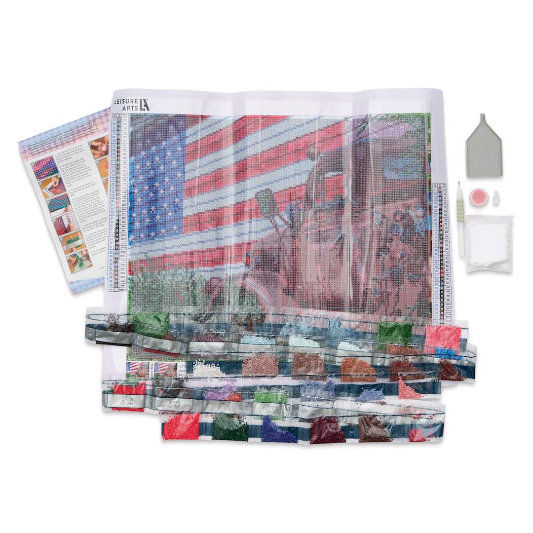 Open in modal - Leisure Arts Diamond Painting Kit - Patriotic Truck, kit contents