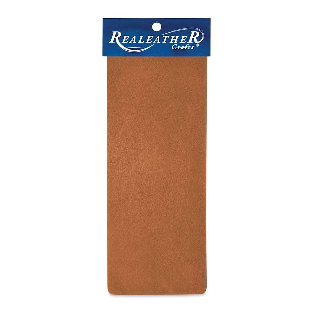 Open in modal - Realeather Deertan Leather Trim - Brown, leather sheet wrapped around packaging