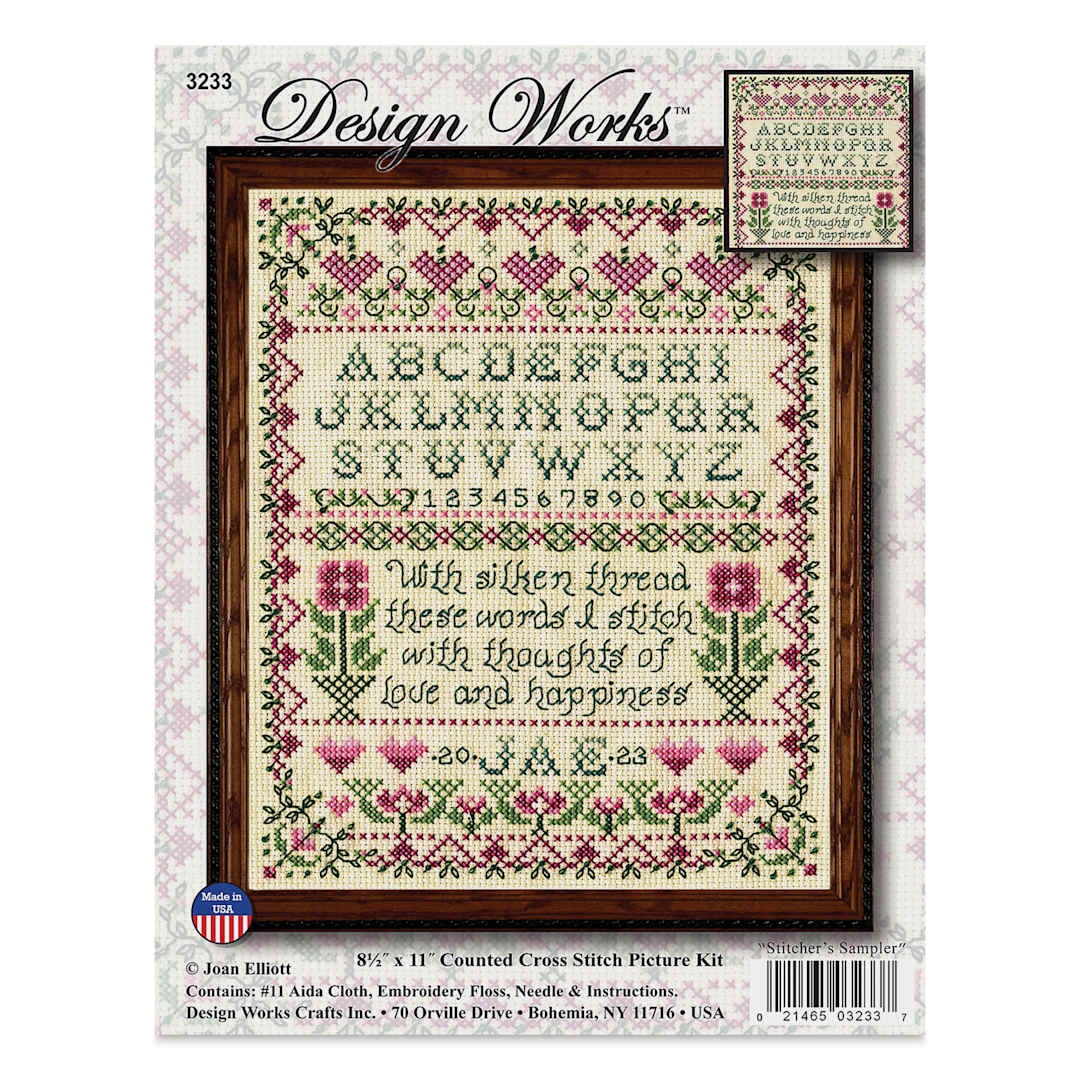 Open in modal - Design Works Counted Cross Stitch Kit - Stitcher Sampler, 8-1/2" x 11" - front of packaging