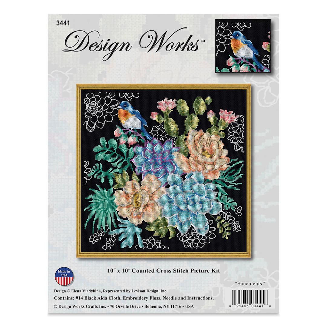 Open in modal - Design Works Counted Cross Stitch Kit - Succulents, 10" x 10" - front of packaging