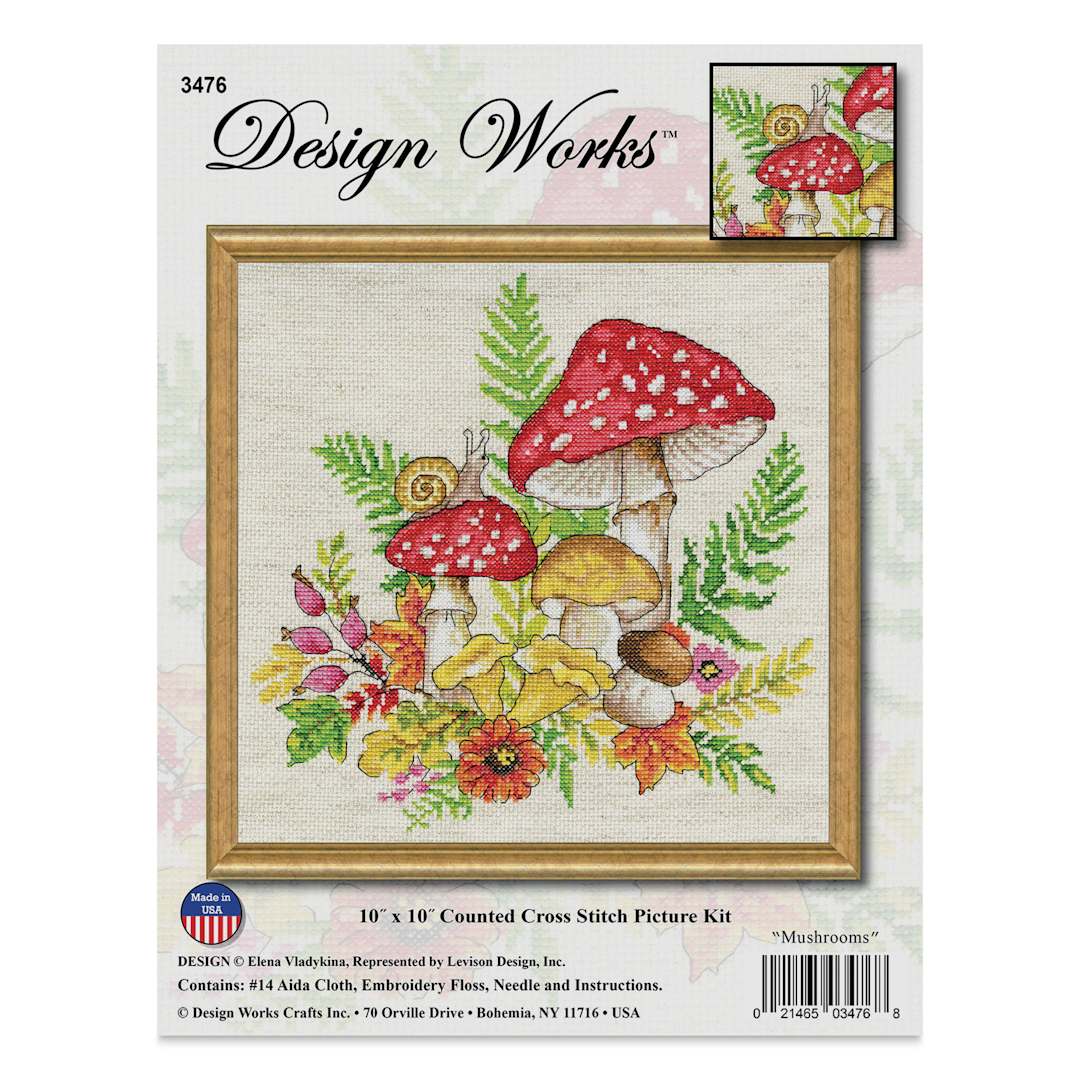 Open in modal - Design Works Counted Cross Stitch Kit - Mushrooms, 10" x 10" - front of packaging