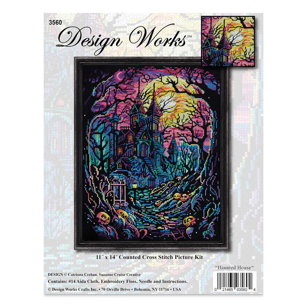 Open in modal - Design Works Counted Cross Stitch Kit - Haunted House, 11" x 14" - front of packaging