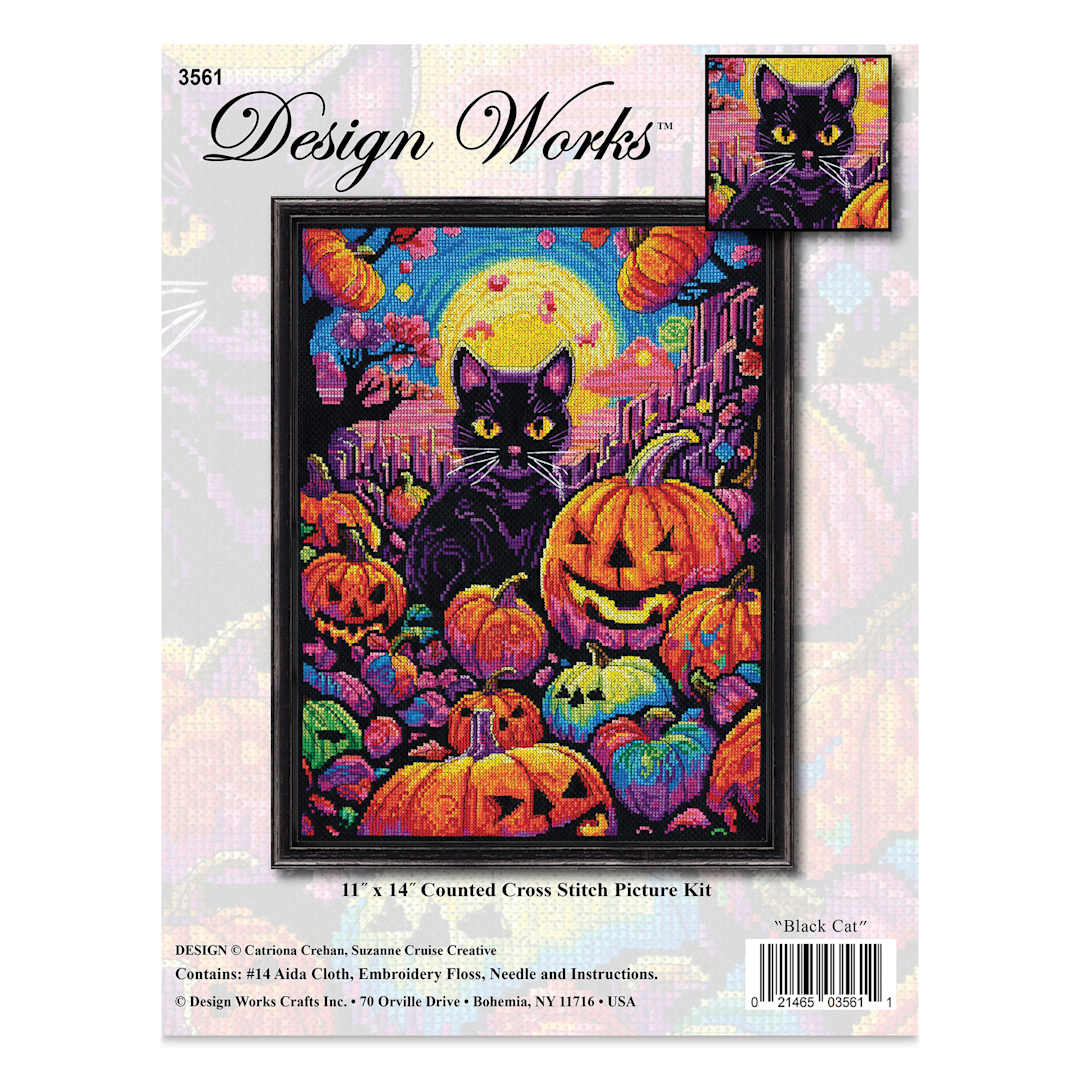 Open in modal - Design Works Counted Cross Stitch Kit - Black Cat, 11" x 14" - front of packaging