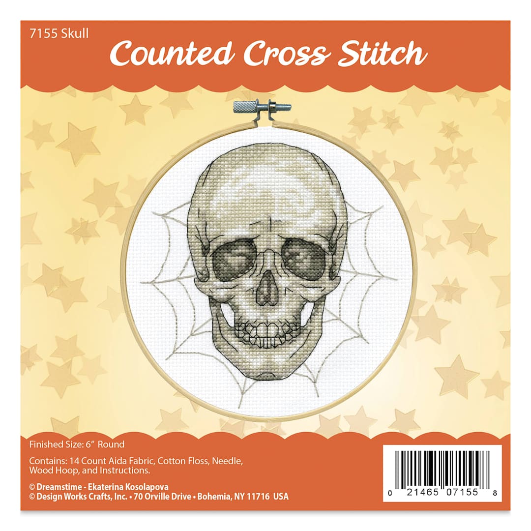 Open in modal - Design Works Counted Cross Stitch Kit - Skull, 6" - front of packaging