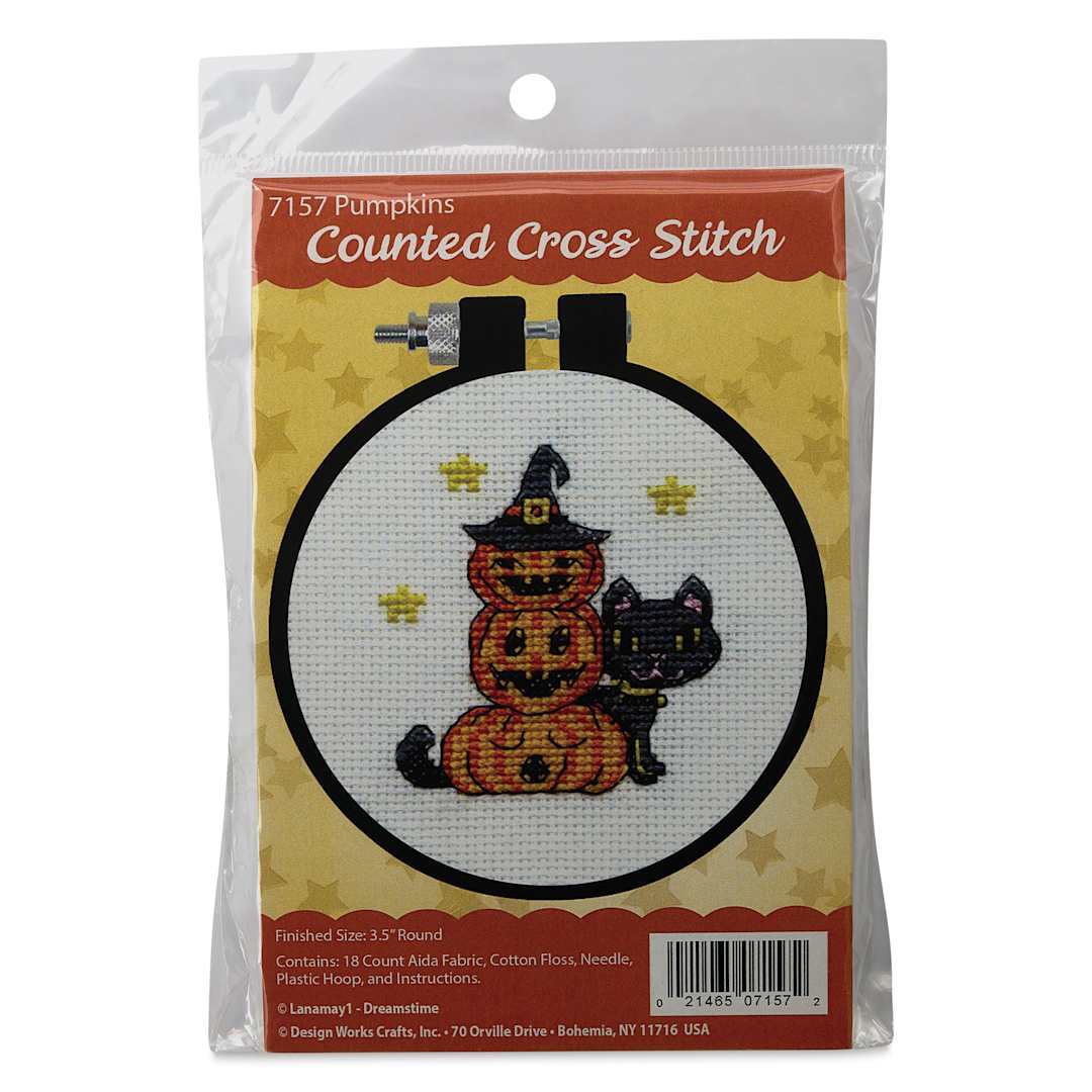 Open in modal - Design Works Counted Cross Stitch Kit - Pumpkins, 3-1/2", front of packaging
