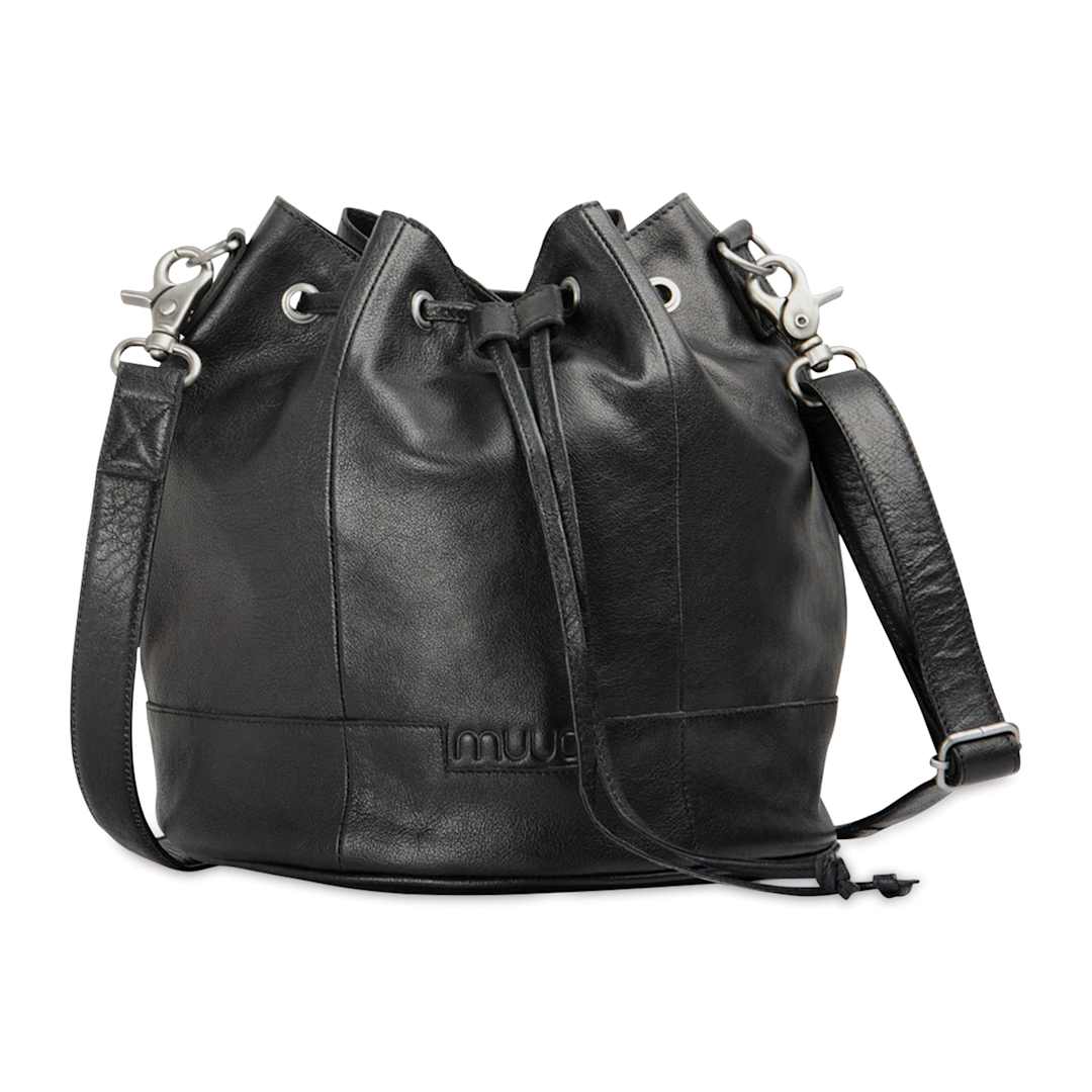 Open in modal - Muud Donna Leather Drawstring Bag - Black - front