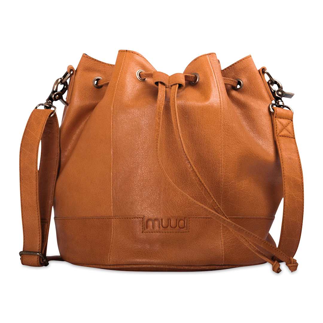 Open in modal - Muud Donna Leather Drawstring Bag - Brown - front
