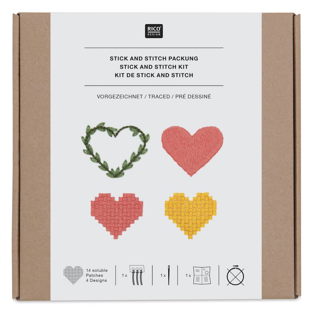 Open in modal - Rico Design Stick and Stitch Embroidery Kit - Pkg of 14, Pixel Art Hearts front of packaging