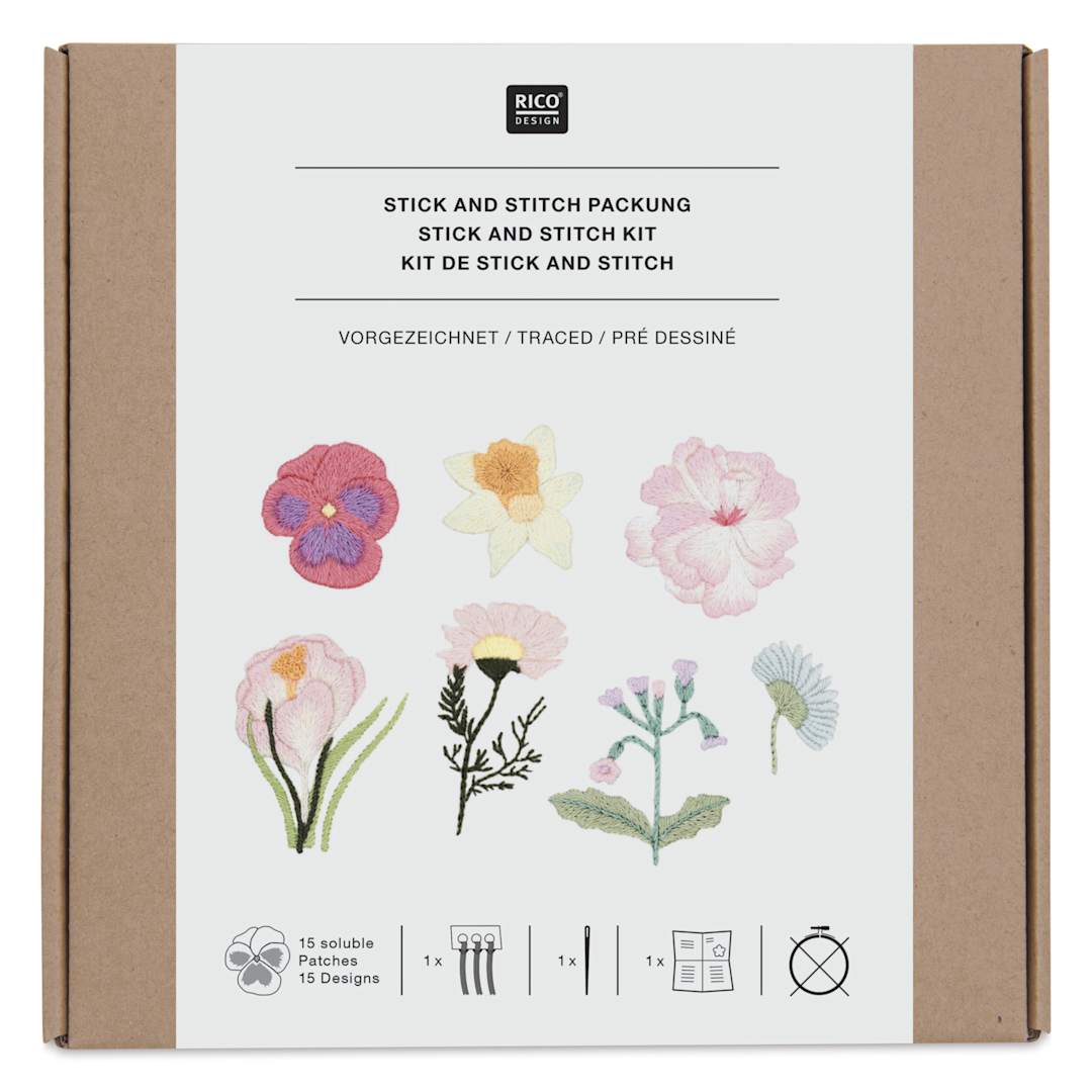 Open in modal - Rico Design Stick and Stitch Embroidery Kit - Pkg of 15, Spring Flowers front of packaging