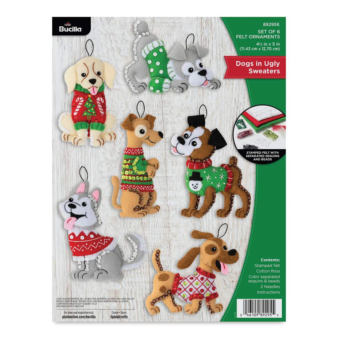 Open in modal - Bucilla Holiday Felt Ornament Kit - Dogs In Ugly Sweaters, front of packaging