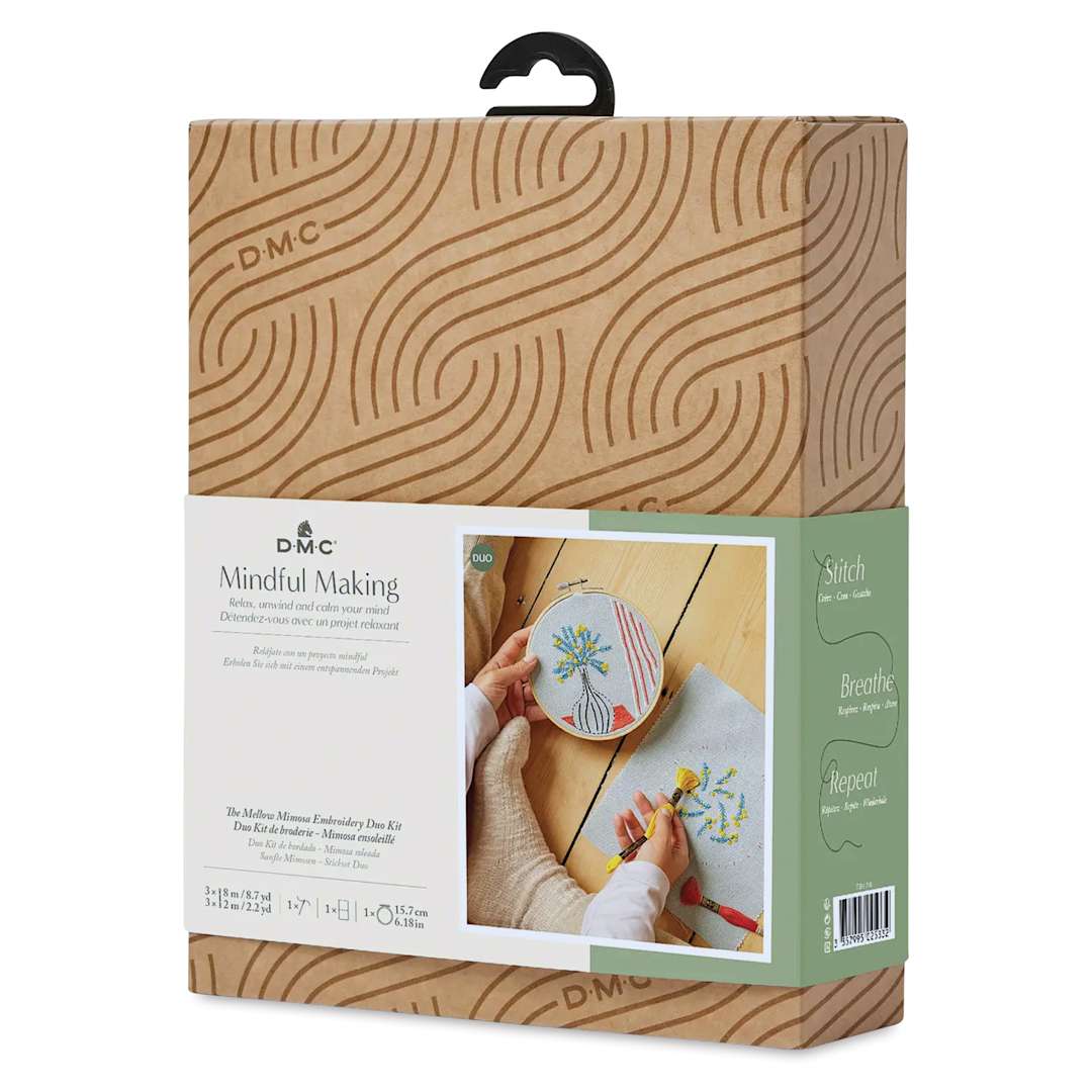 Open in modal - DMC Mindful Making Embroidery Duo Kit - Mellow Mimosa - front of packaging, angled