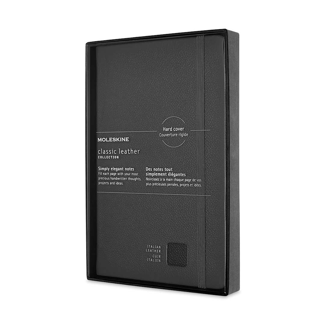 Open in modal - Moleskine Classic Leather Notebook - Black, Large, Ruled, 5" x 8-1/4" (front view in package)