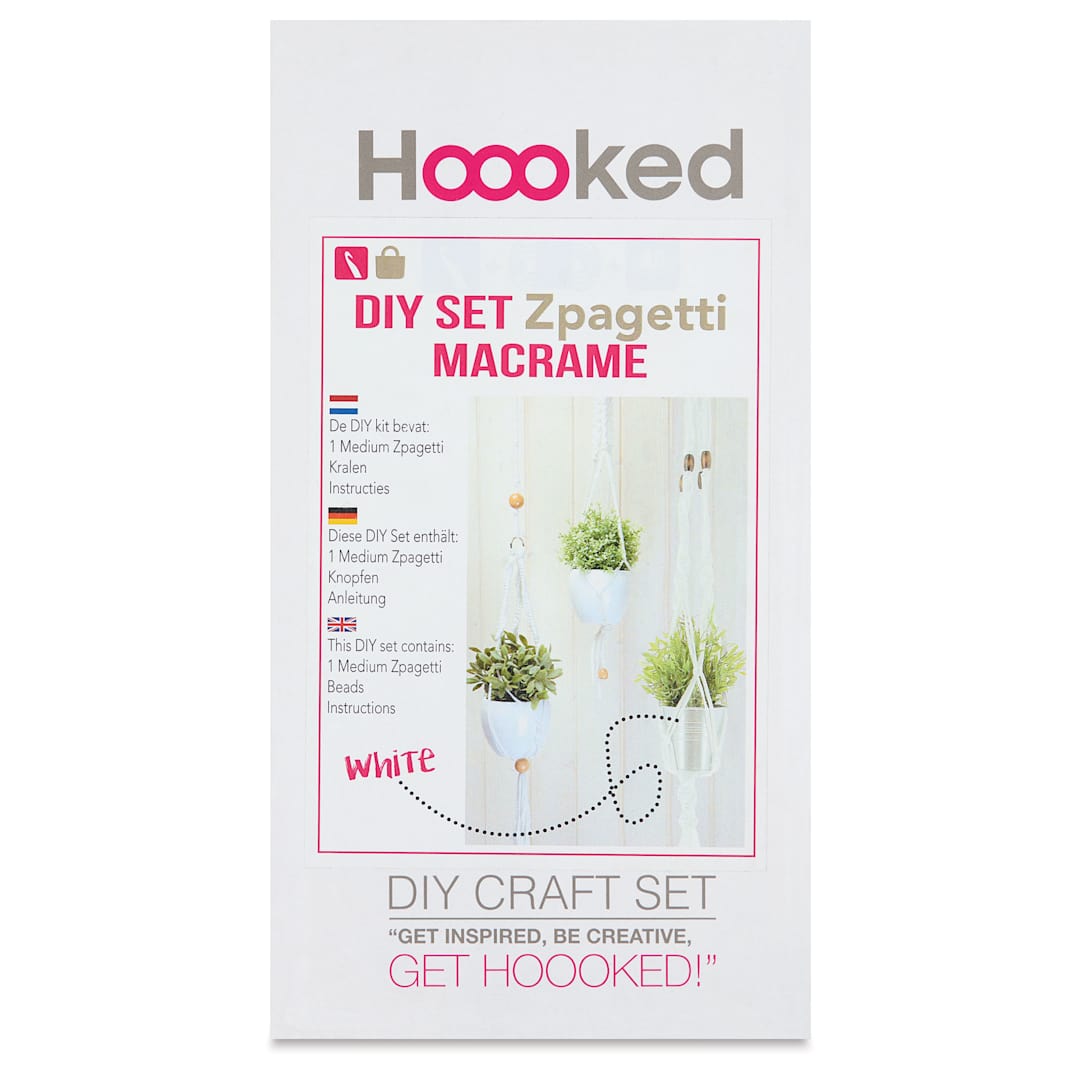 Open in modal - Hooked Zpagetti Macrame Hanging Basket Kit - White, front of packaging