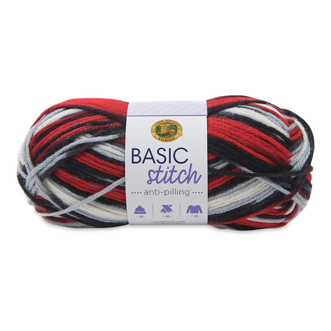 Open in modal - Lion Brand Basic Stitch Anti-Pilling Yarn - Skein of Red/White/Black Buffalo Hill Color shown