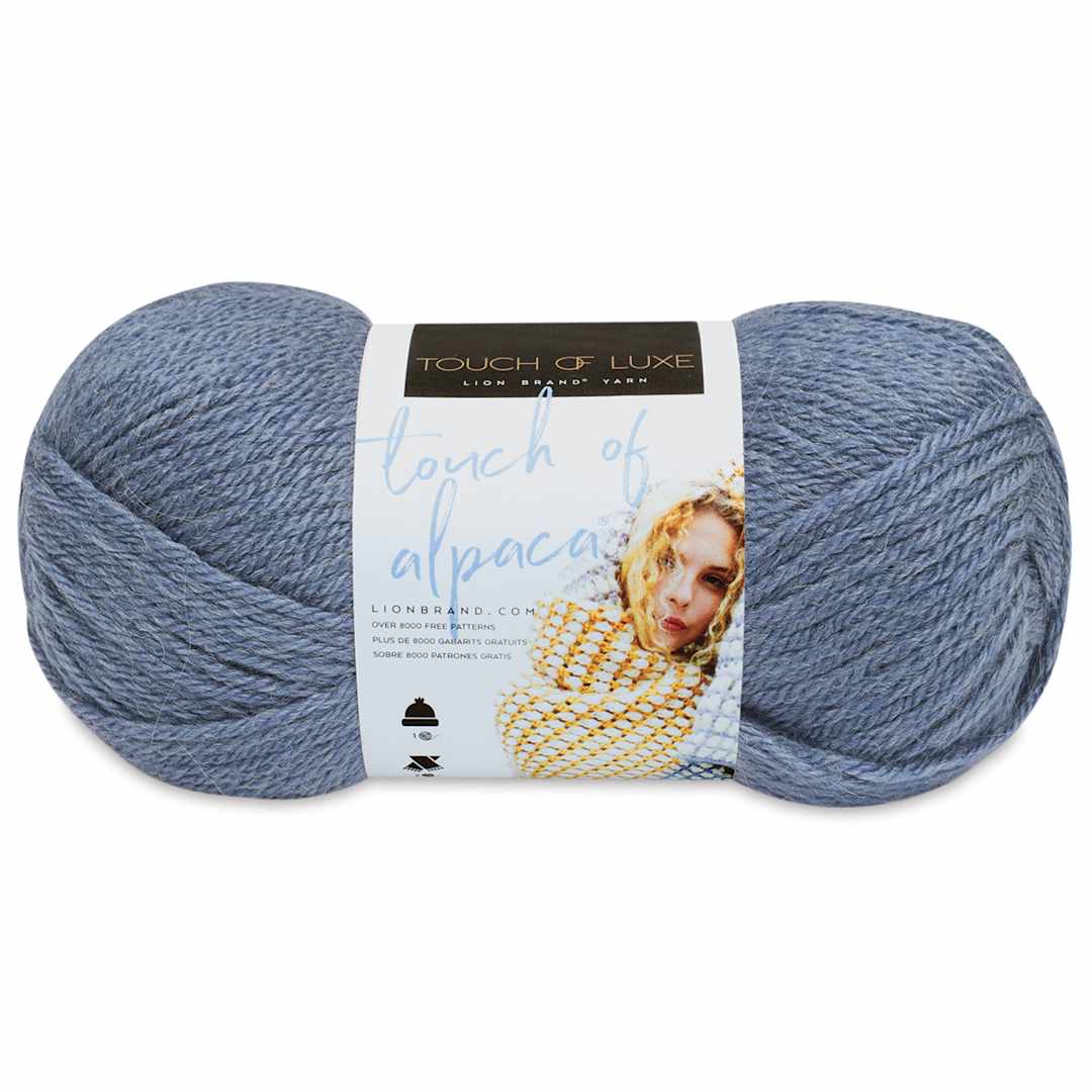 Open in modal - Lion Brand Touch of Alpaca Yarn - Dusty Blue ball with Label