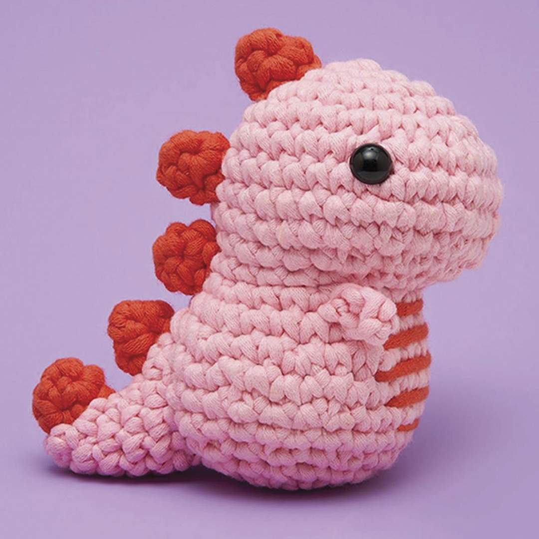 Open in modal - The Woobles Beginner Crochet Amigurumi Kit - Pink Dino - finished example
