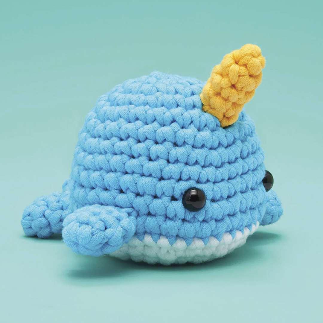 Open in modal - The Woobles Beginner Crochet Amigurumi Kit - Narwhal - finished example