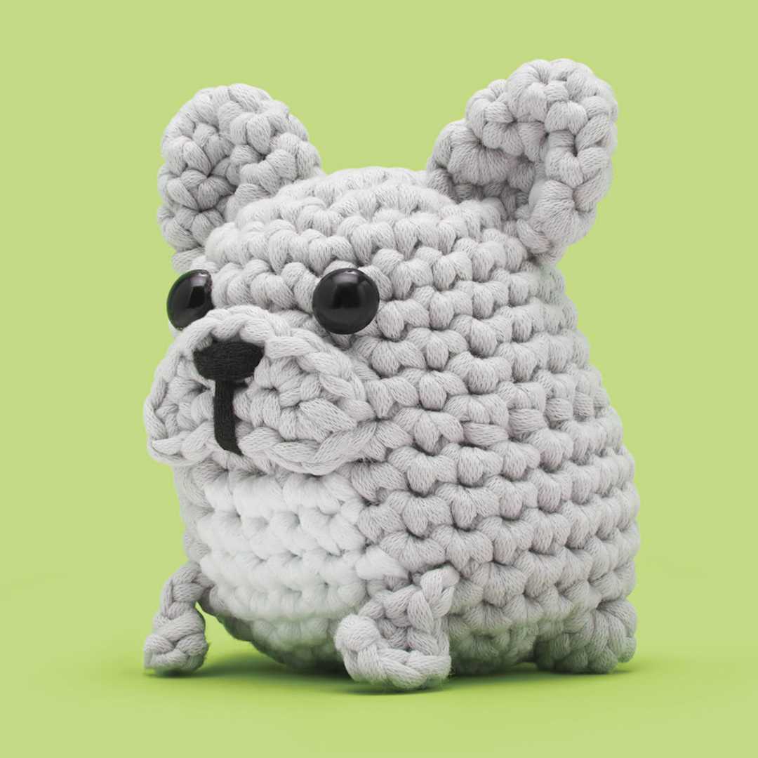 Open in modal - The Woobles Beginner Crochet Amigurumi Kit - Hugo the French Bulldog - finished example