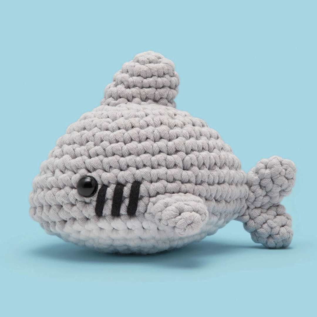 Open in modal - The Woobles Beginner Crochet Amigurumi Kit - Tank the Shark - finished example, side