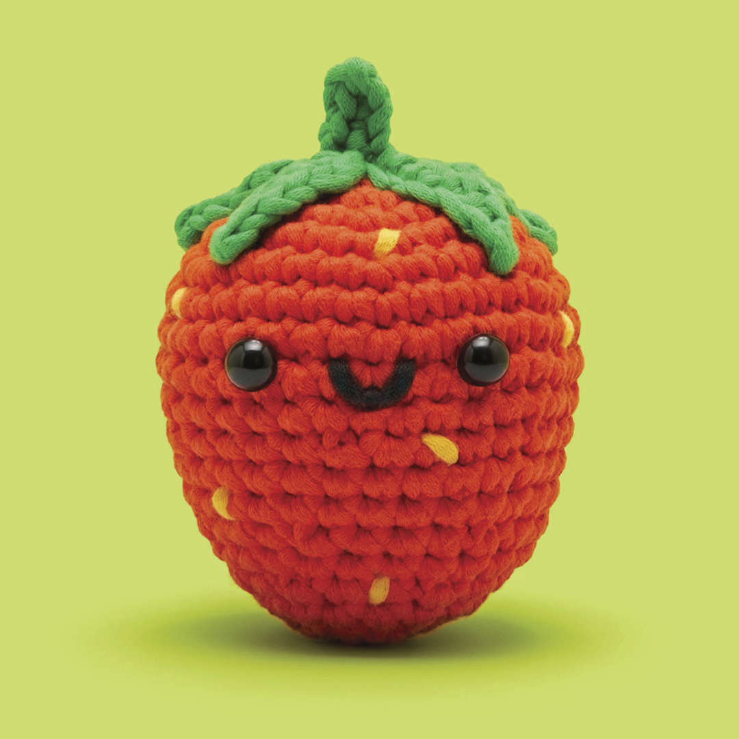 Open in modal - The Woobles Beginner Crochet Amigurumi Kit - Alice the Strawberry - finished example