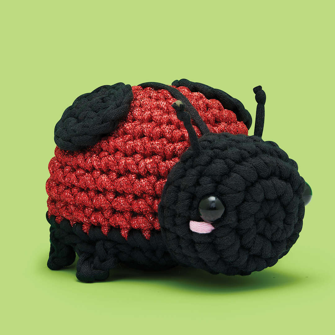 Open in modal - The Woobles Beginner Crochet Amigurumi Kit - Iris the Ladybug, finished example