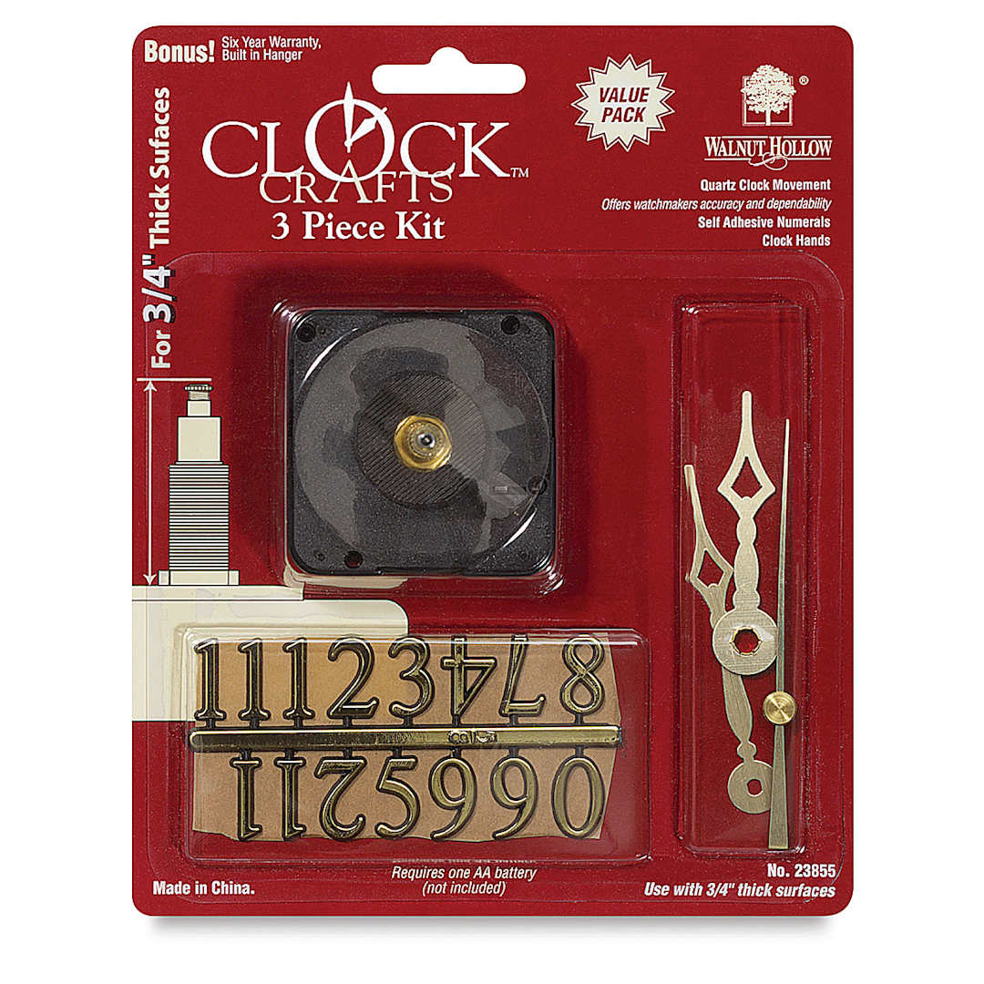 Open in modal - Walnut Hollow Clock Movements - Front of blister package showing movement, hands and numbers