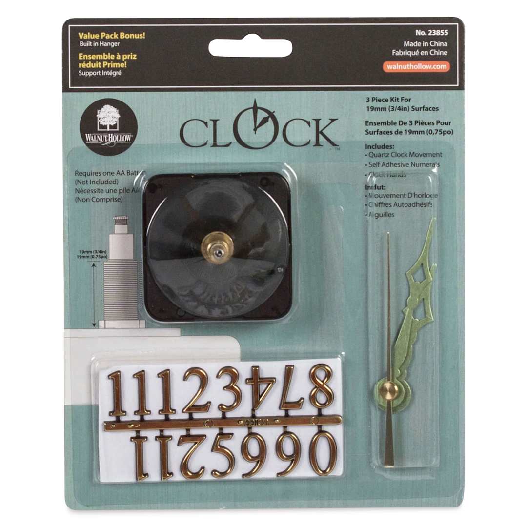 Open in modal - Walnut Hollow 3-Piece Clock Movement Kits - For 3/4" Surface front of packaging
