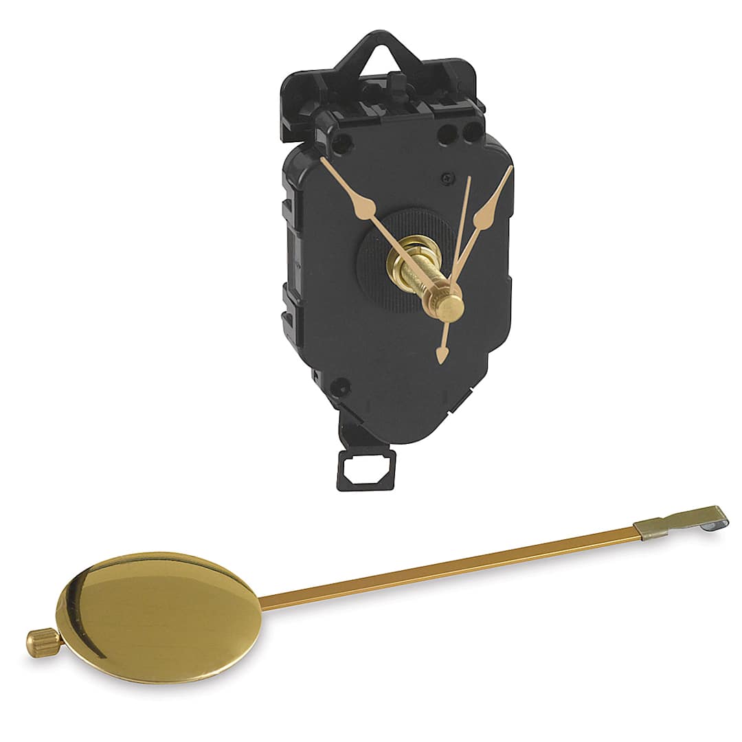 Open in modal - Walnut Hollow Clock Movements - Movement with hands attached and small pendulum nearby