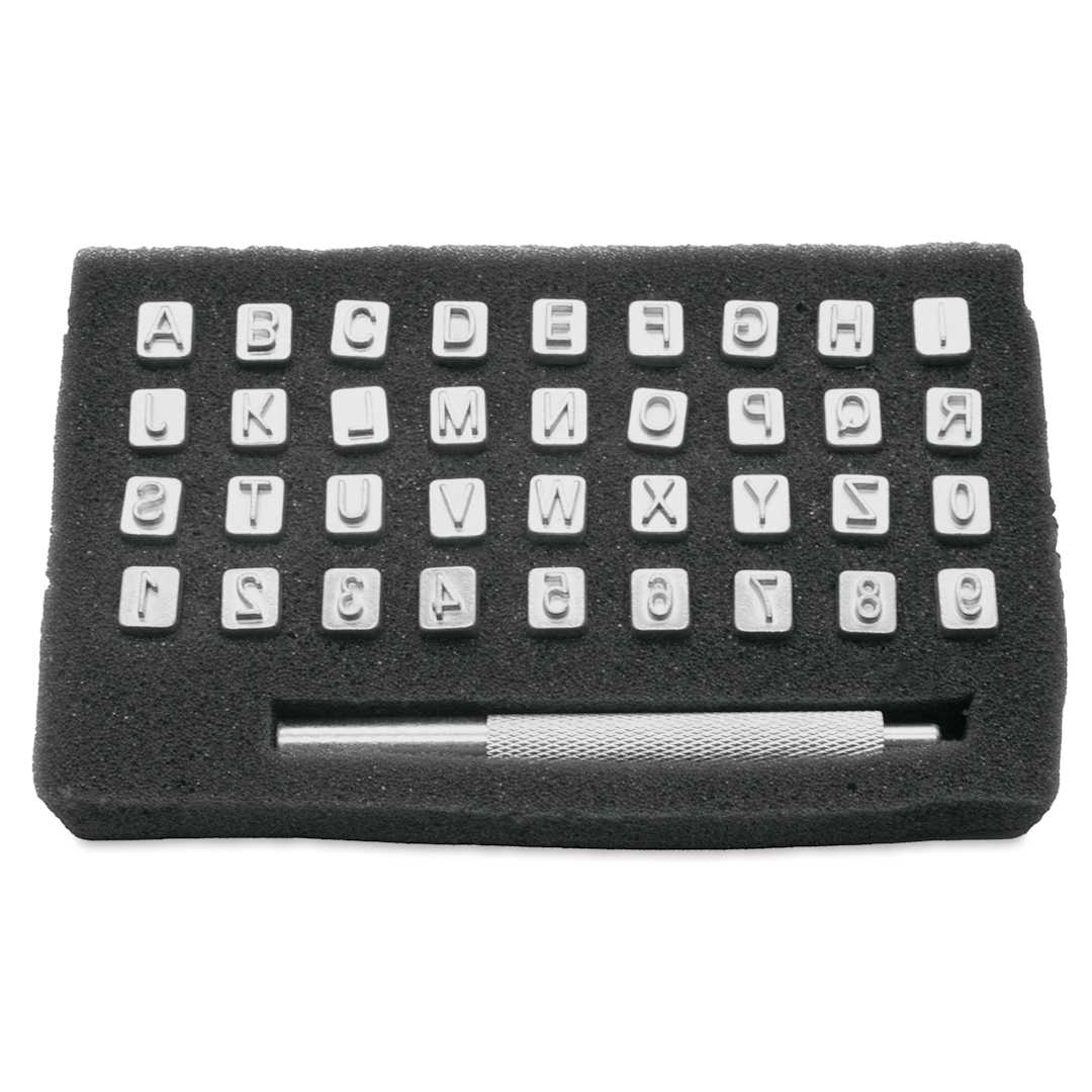 Open in modal - Realeather Leather Tooling Set - 1/4" Alphabet and Numbers with Handle, Set of 36 Stamps