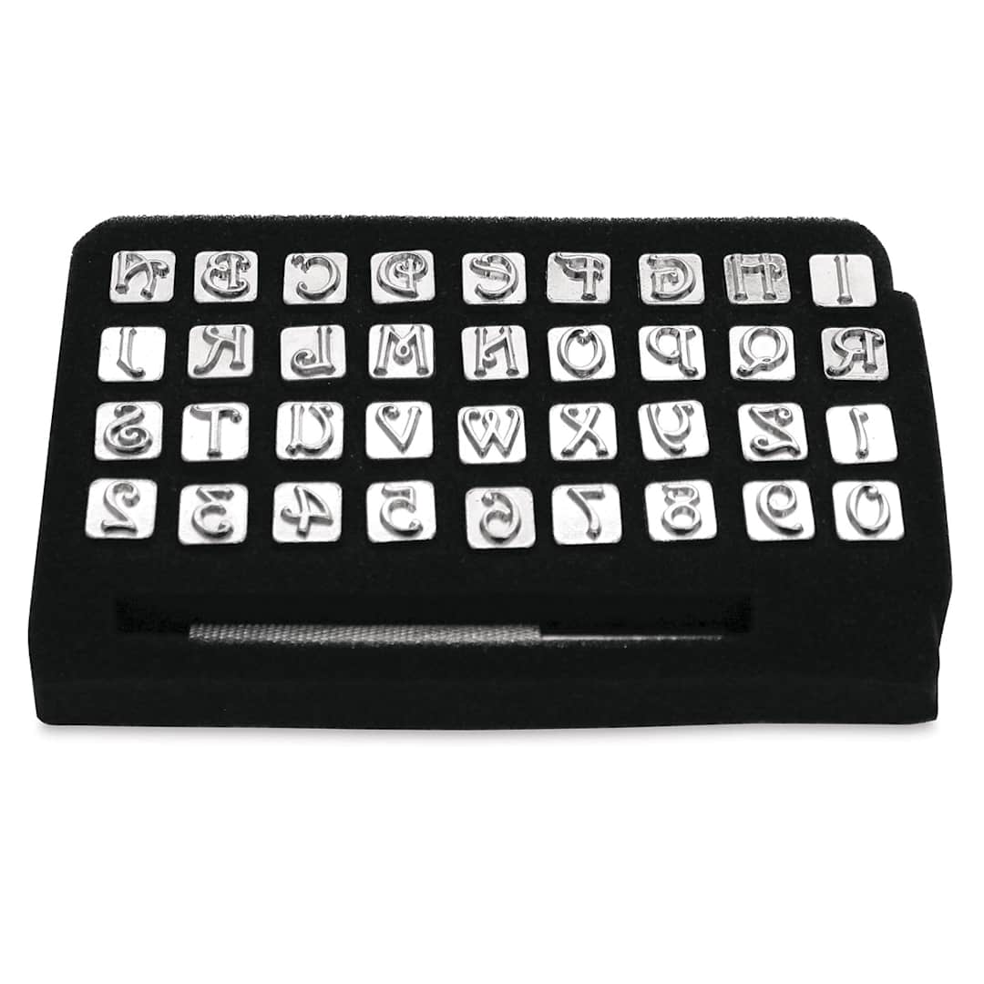 Open in modal - Realeather Leather Tooling Sets - Angled view of storage case holding letters and numbers
