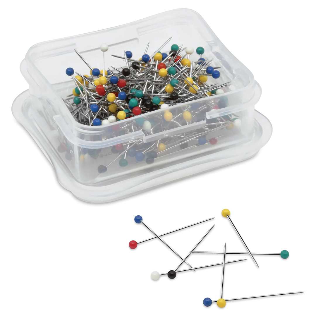 Open in modal - Dritz Ball Point Pins - Assorted Colors, Pkg of 240, pins laid out in front of opened carrying case