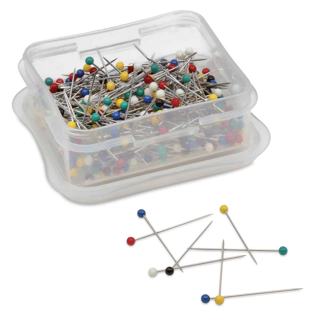 Open in modal - Dritz Ball Point Pins - Assorted Colors, Pkg of 350, opened carrying case and pins laid out