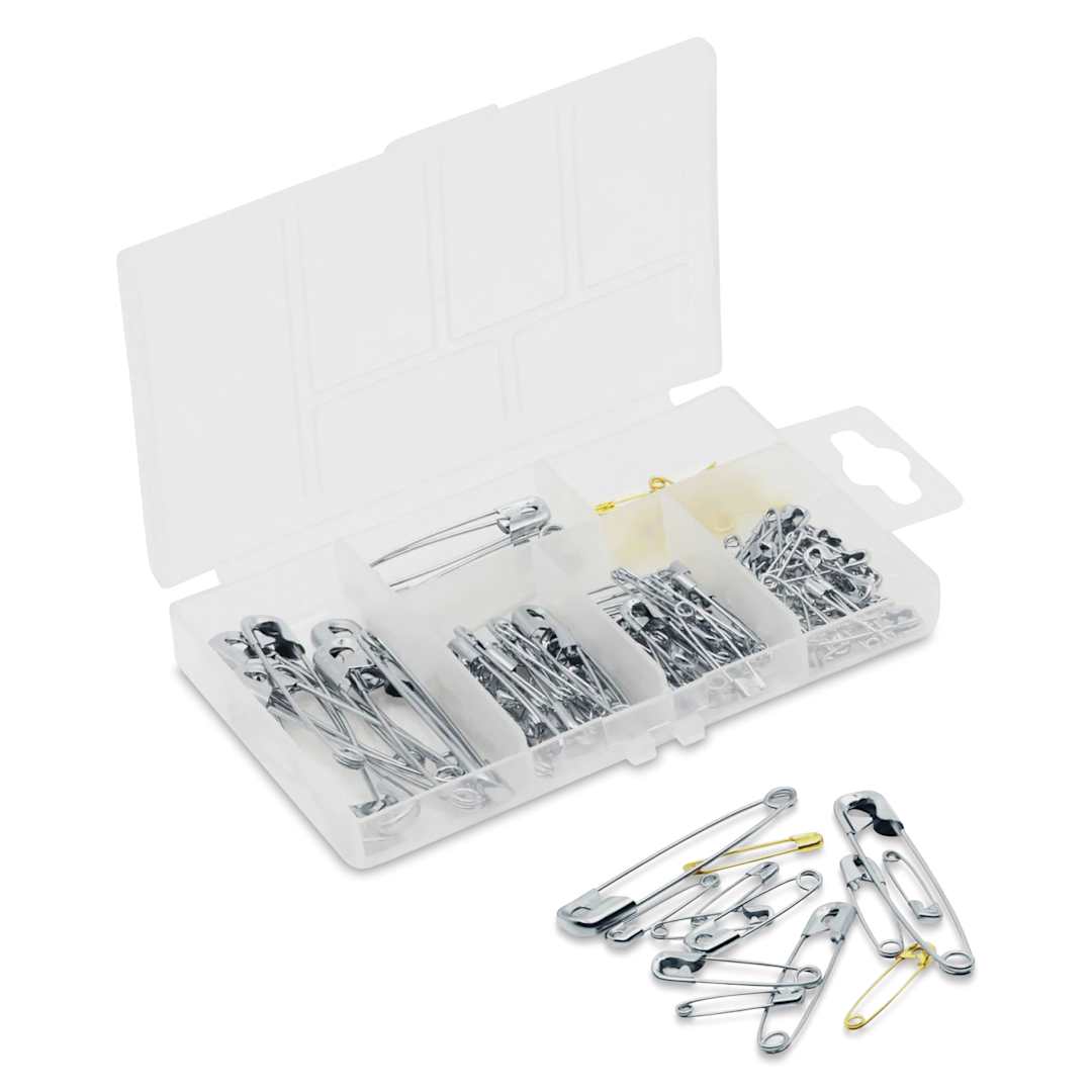 Open in modal - Dritz Safety Pins - Assorted Sizes, Pkg of 100 with open Storage Box with mixed pin array