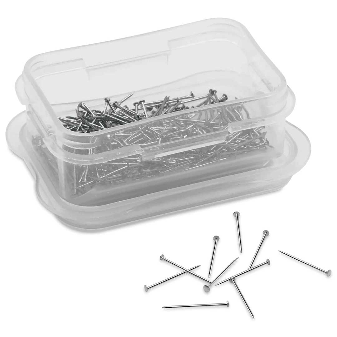 Open in modal - Dritz Sequin Lills Pins - 1/2", Pkg of 350 storage box open beside cluster of pins