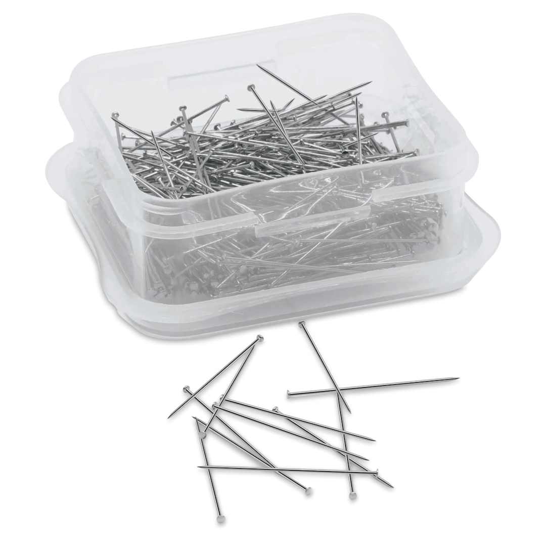 Open in modal - Dritz Long Pleating Pins - 1-1/16", Pkg of 350, opened storage box with pins laid out 