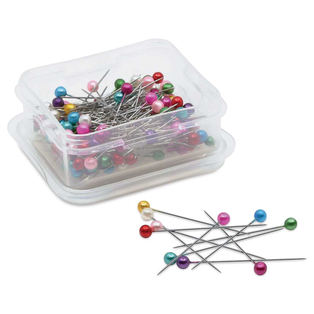 Open in modal - Dritz Long Pearlized Pins - Pkg of 120, opened storage box and pins laid out