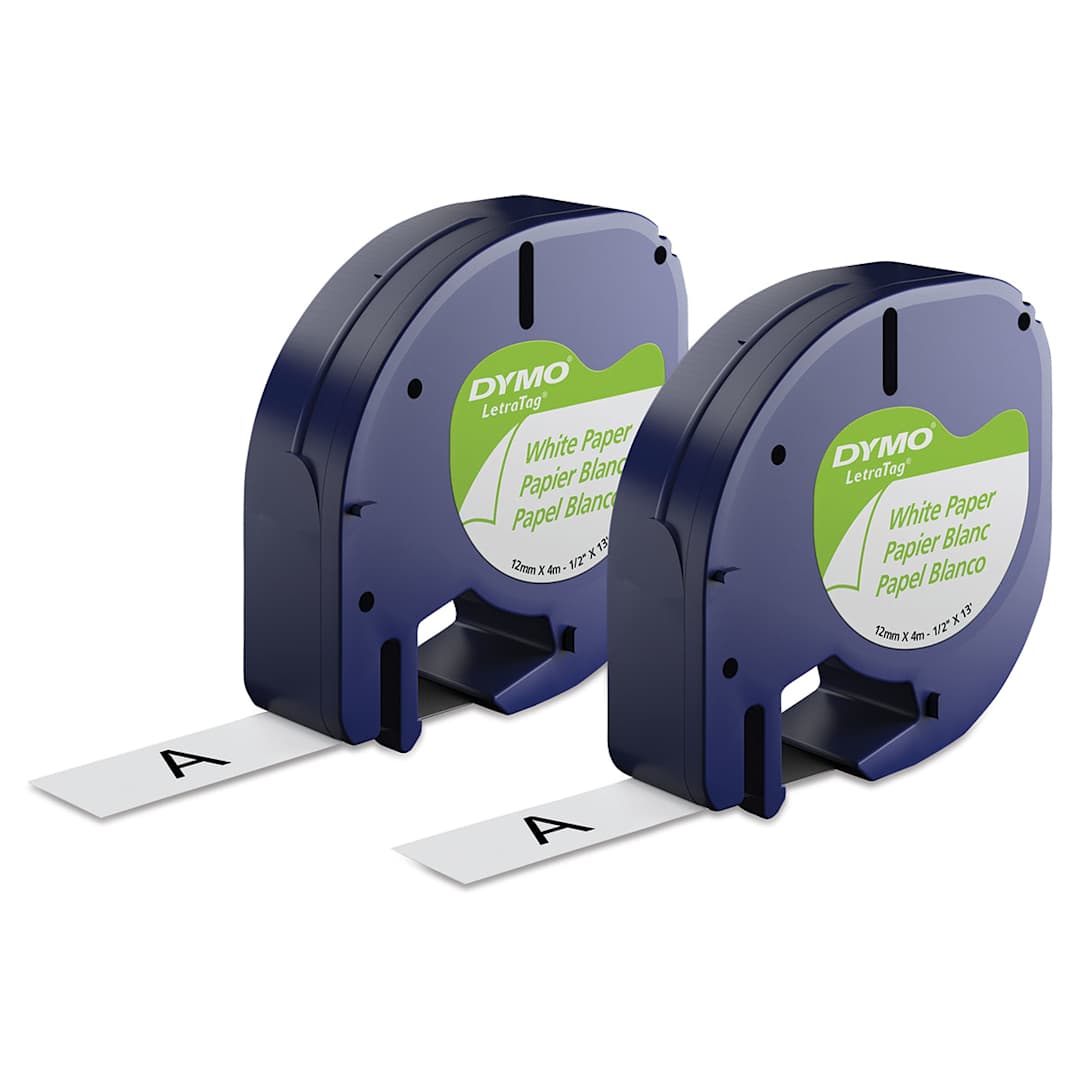 Open in modal - Dymo LetraTag Label Tape - Angled view of 2 dispensers with white paper tape slightly out
