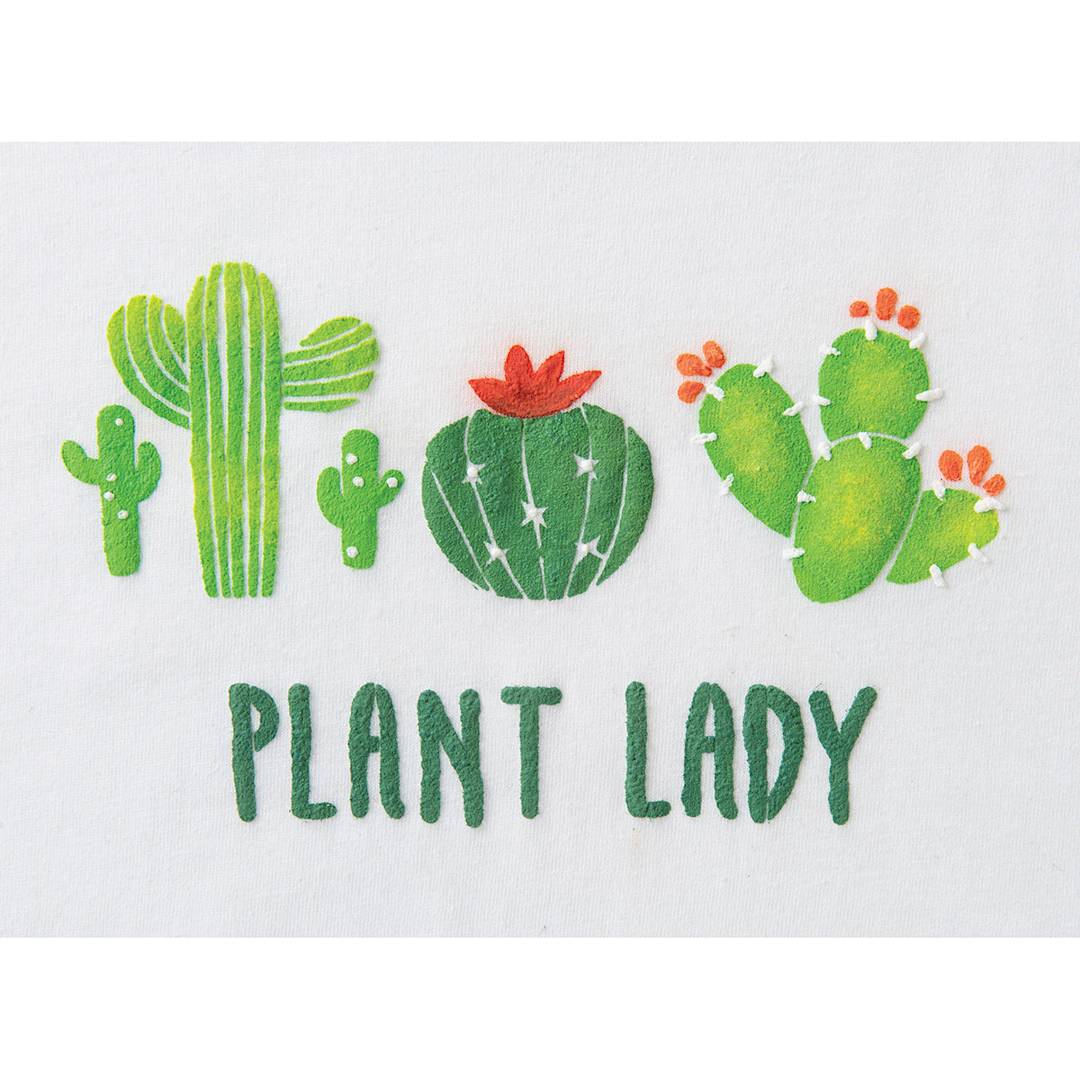 Open in modal - Fabric Creations Plush 3-D Fabric Paint - Finished artwork showing cacti and words Plant Lady