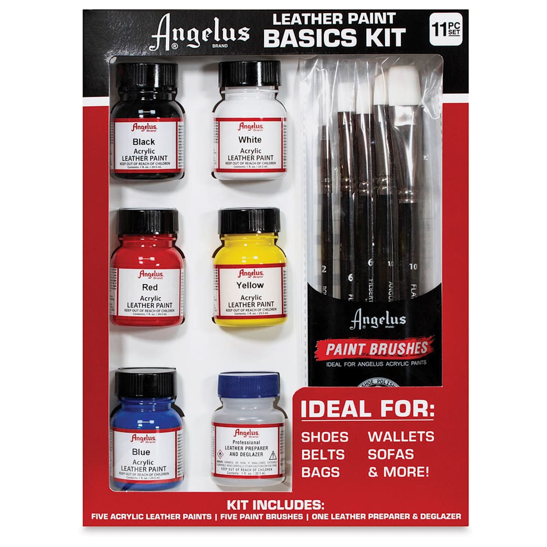 Open in modal - Angelus Acrylic Leather Paint Set - Basics, Assorted Colors, Set of 6, front of the packaging 